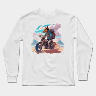 Dog riding a motorcycle in the desert Long Sleeve T-Shirt